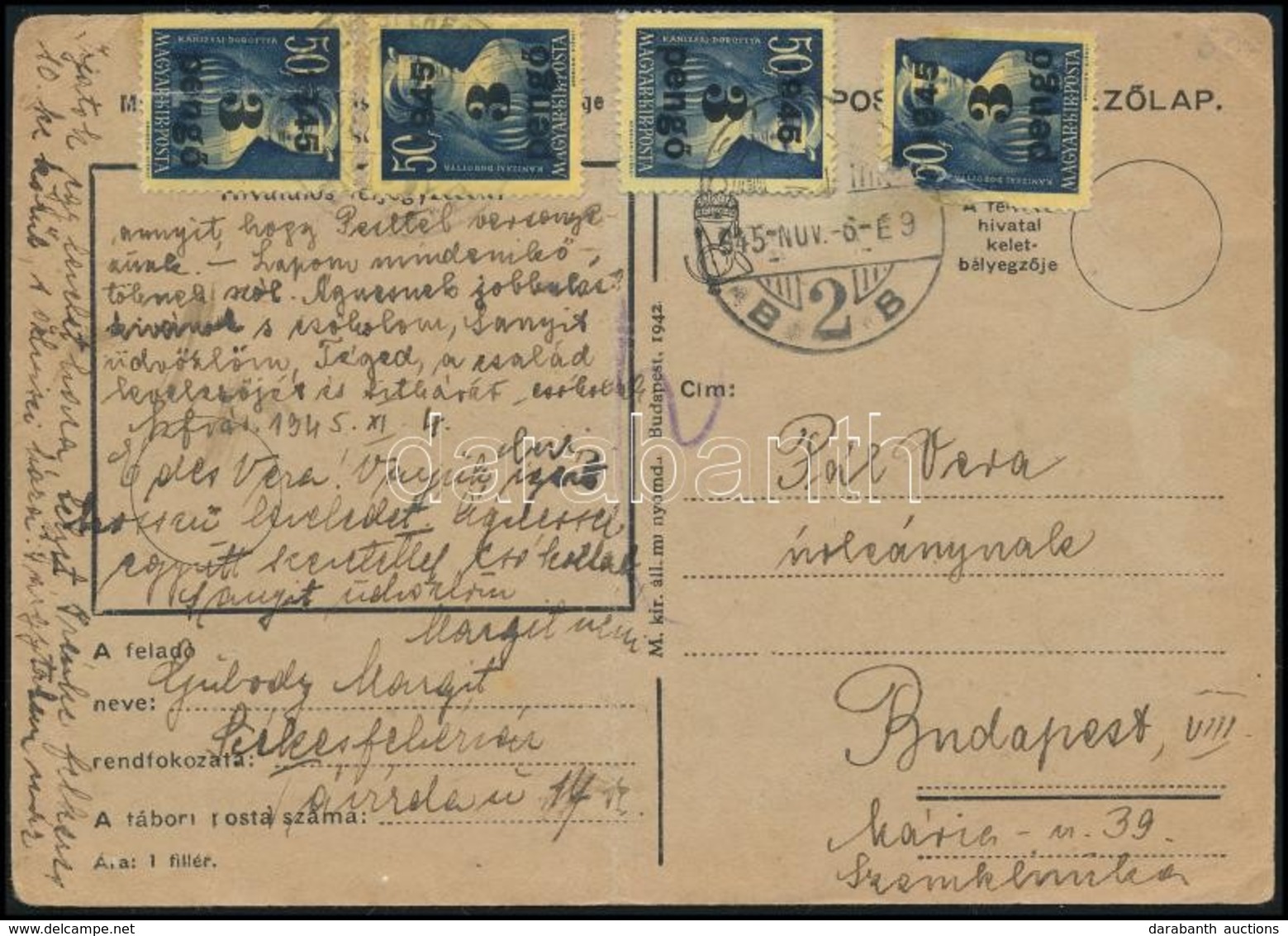 1945 (4.díjszabás) Távolsági Levelezőlap Kisegítő 4 X 3P/50f Bérmentesítéssel, 28P-vel Alul Bérmentesítve - Other & Unclassified