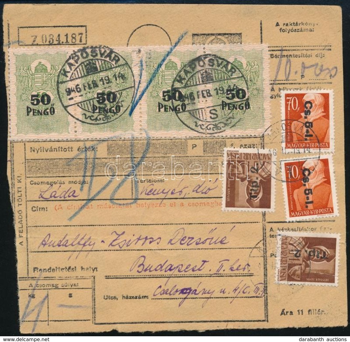 1946.02.19. 4 Bélyeges Csomagszállító 'KAPOSVÁR' - Budapest - Andere & Zonder Classificatie