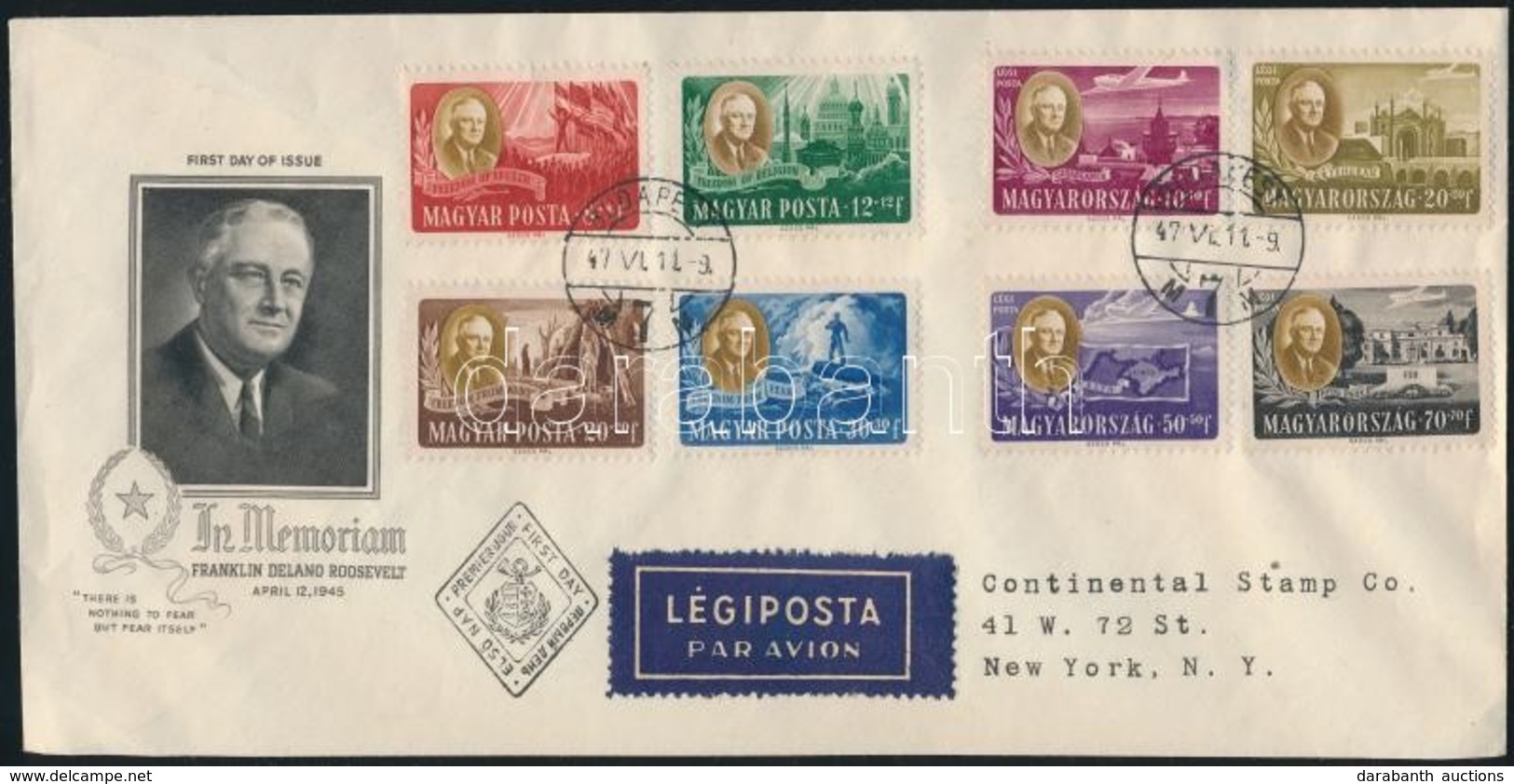 1947 Roosevelt Sor Légi FDC-n New Yorkba - Autres & Non Classés