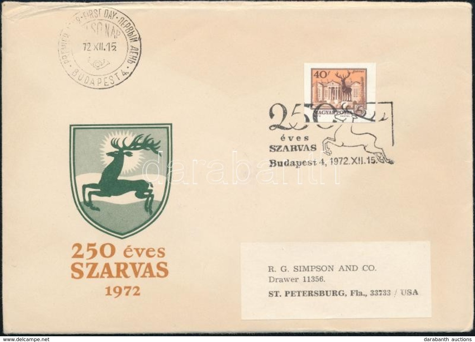 1972 Tájak-városok Szarvas Vágott Bélyeg FDC-n Az USA-ba Küldve - Andere & Zonder Classificatie