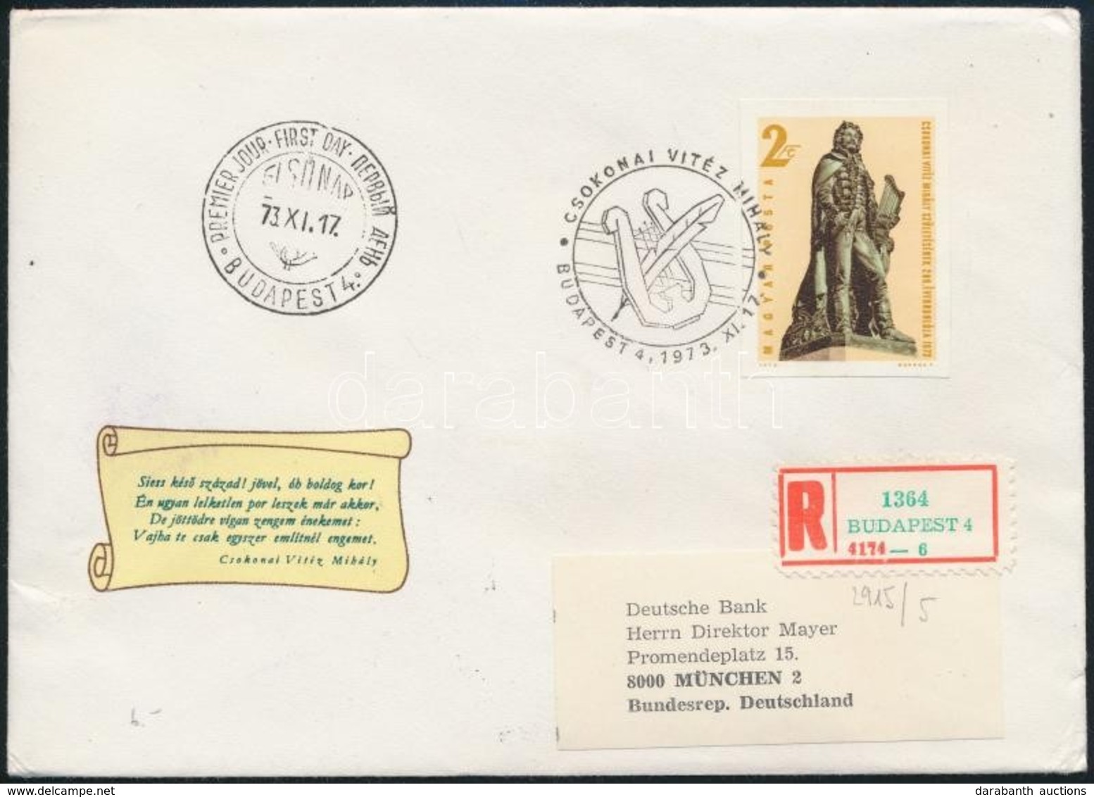 1973 Csokonai Vitéz Mihály Vágott Bélyeg Ajánlott FDC-n - Andere & Zonder Classificatie