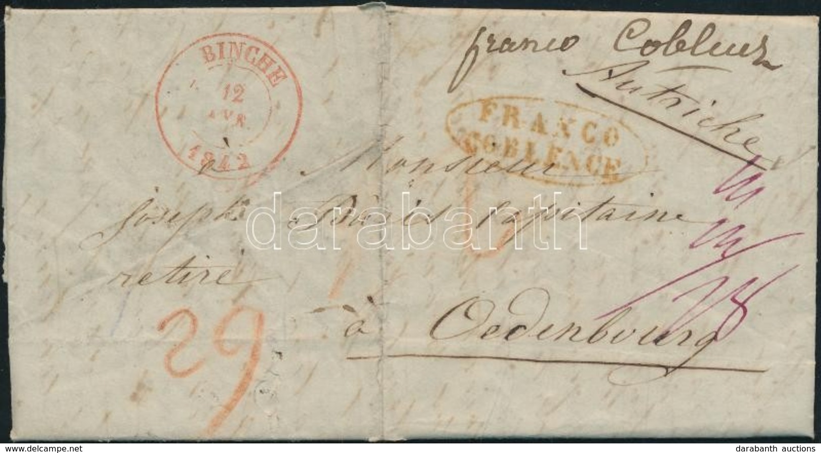 1842 Levél Sopronba / Cover With Postage Due To Hungary, Piros / Red 'BINCHE' - 'FRANCO COBLENCE' - 'OEDENBURG' - Other & Unclassified