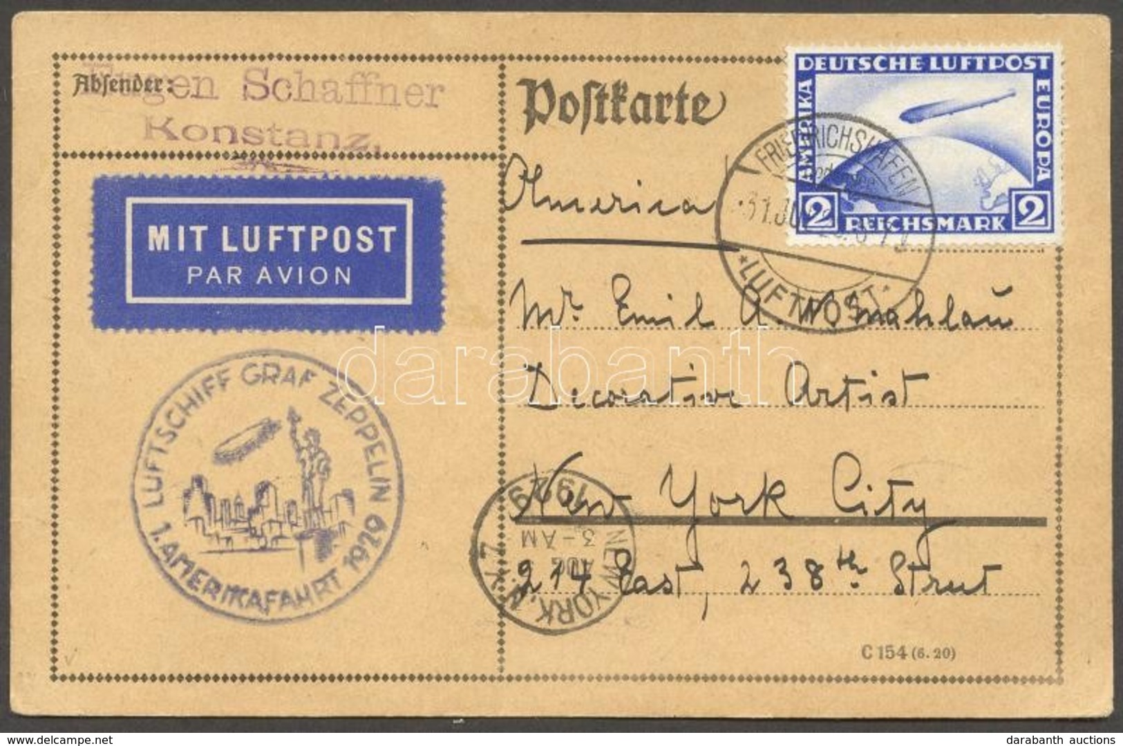 1929 Zeppelin 1. Amerikai útja Levelezőlap / Zeppelin 1st Flight To America Postcard To New York - Andere & Zonder Classificatie