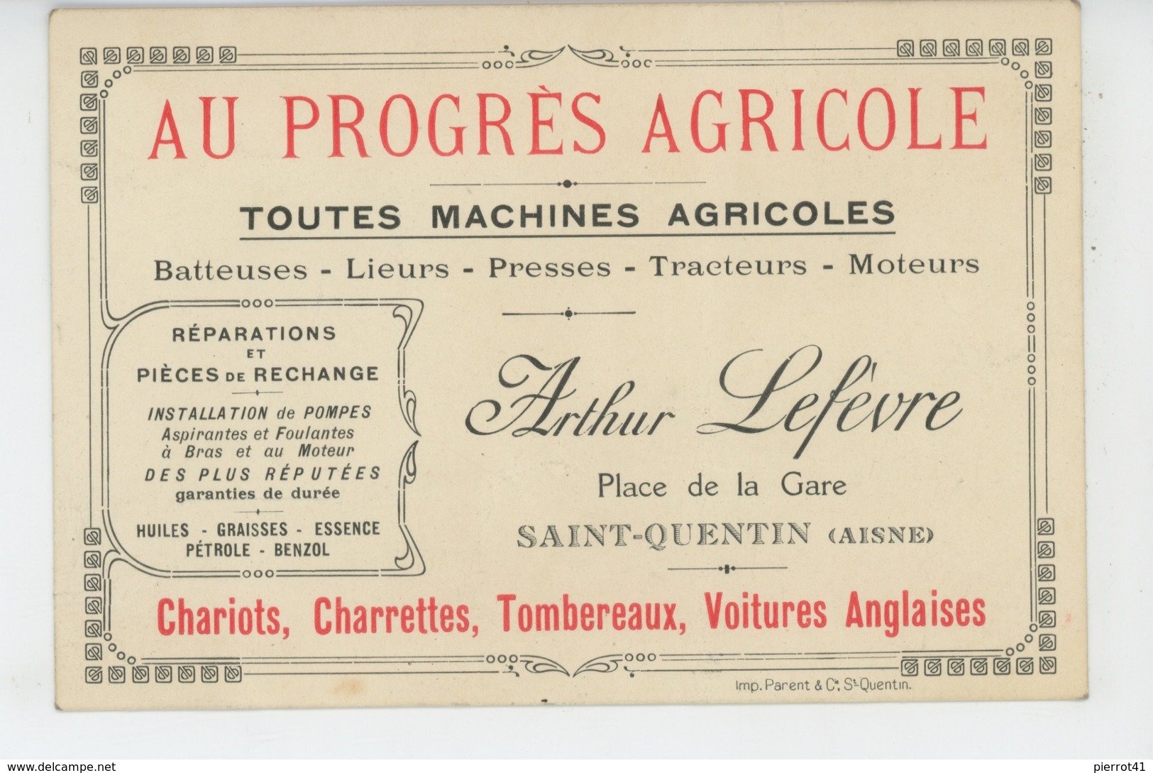 SAINT QUENTIN - Carte PUB Pour Machines Agricoles Batteuses Lieuses Tracteurs... "AU PROGRES AGRICOLE " Place De La Gare - Saint Quentin