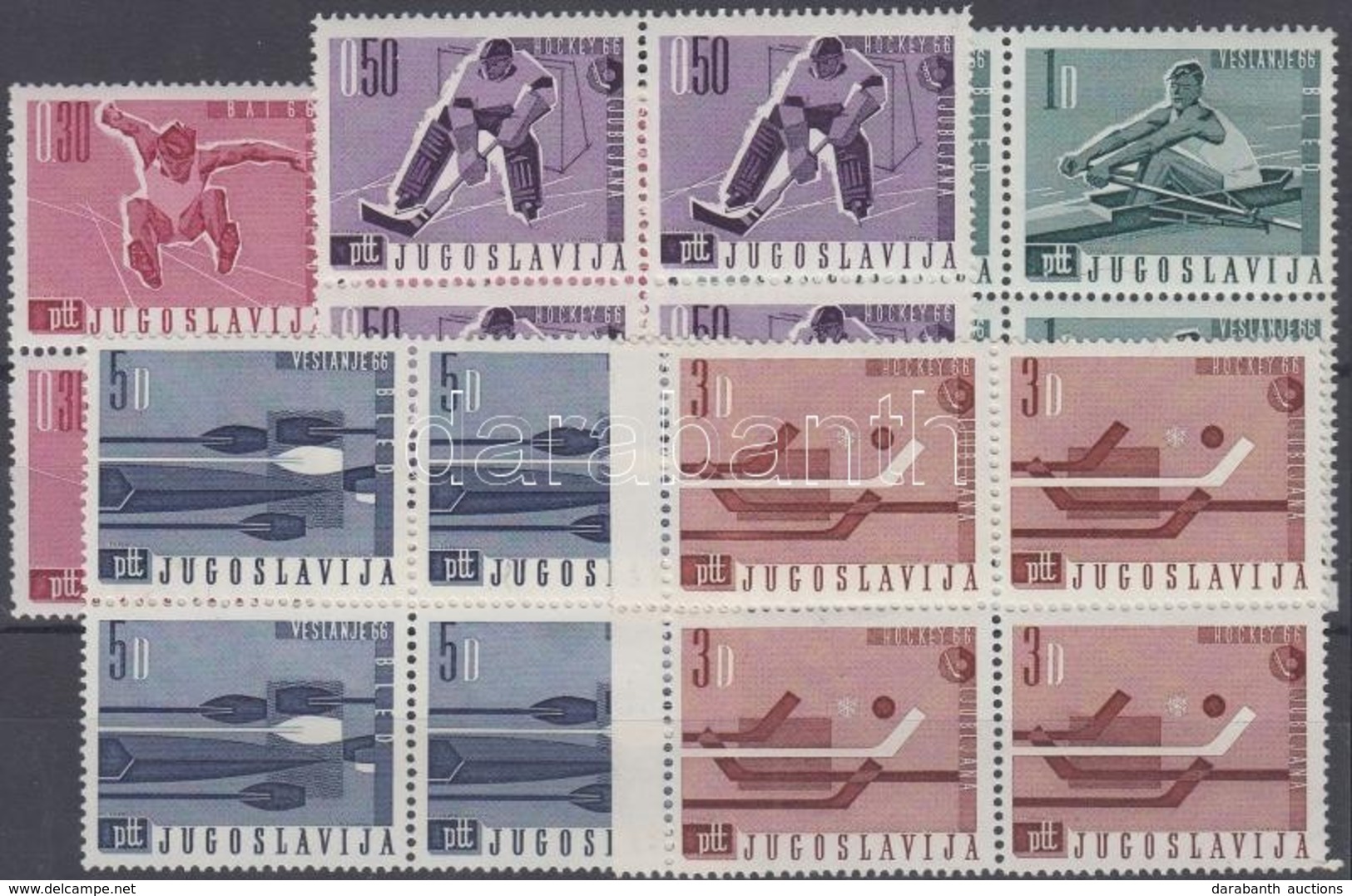 ** 1966 Jégkorong és Evezős VB, Balkáni Sportjátékok 5 Négyestömb (közte 3 ívszéli) Mi 1144-1148 - Other & Unclassified