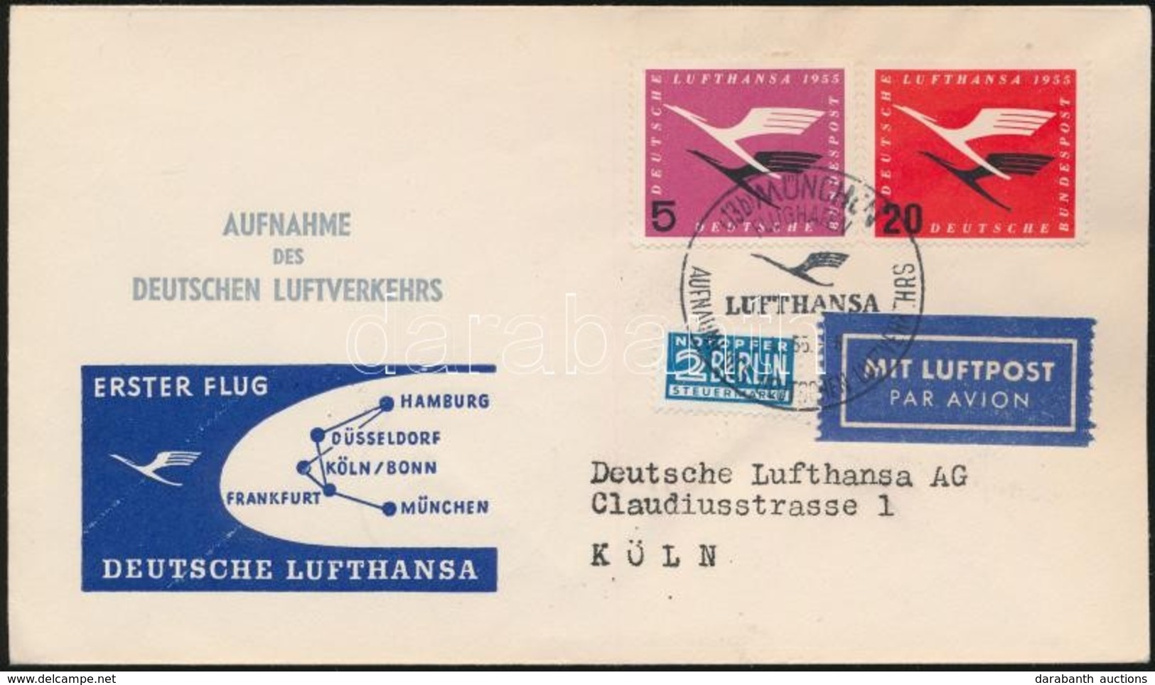 1955 Lufthansa Első Repülés Levél / First Flight Cover München - Köln - Andere & Zonder Classificatie