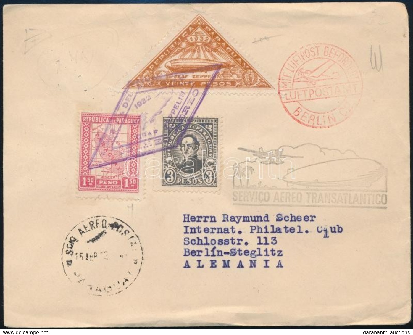 1932 Zeppelin Ajánlott Levél / Registered Zeppelin Cover Asuncion - Friedrichshafen - Berlin - Autres & Non Classés