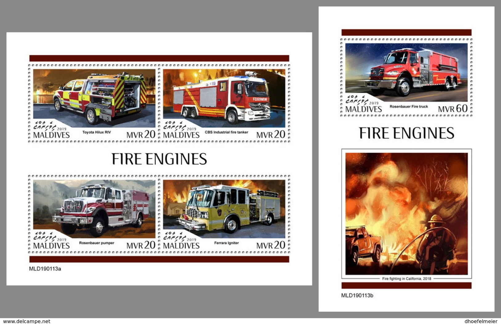 MALDIVES 2019 MNH Fire Engines Feuerwehr Fahrzeuge Camions De Pompiers M/S+S/S - OFFICIAL ISSUE - DH1920 - Sapeurs-Pompiers