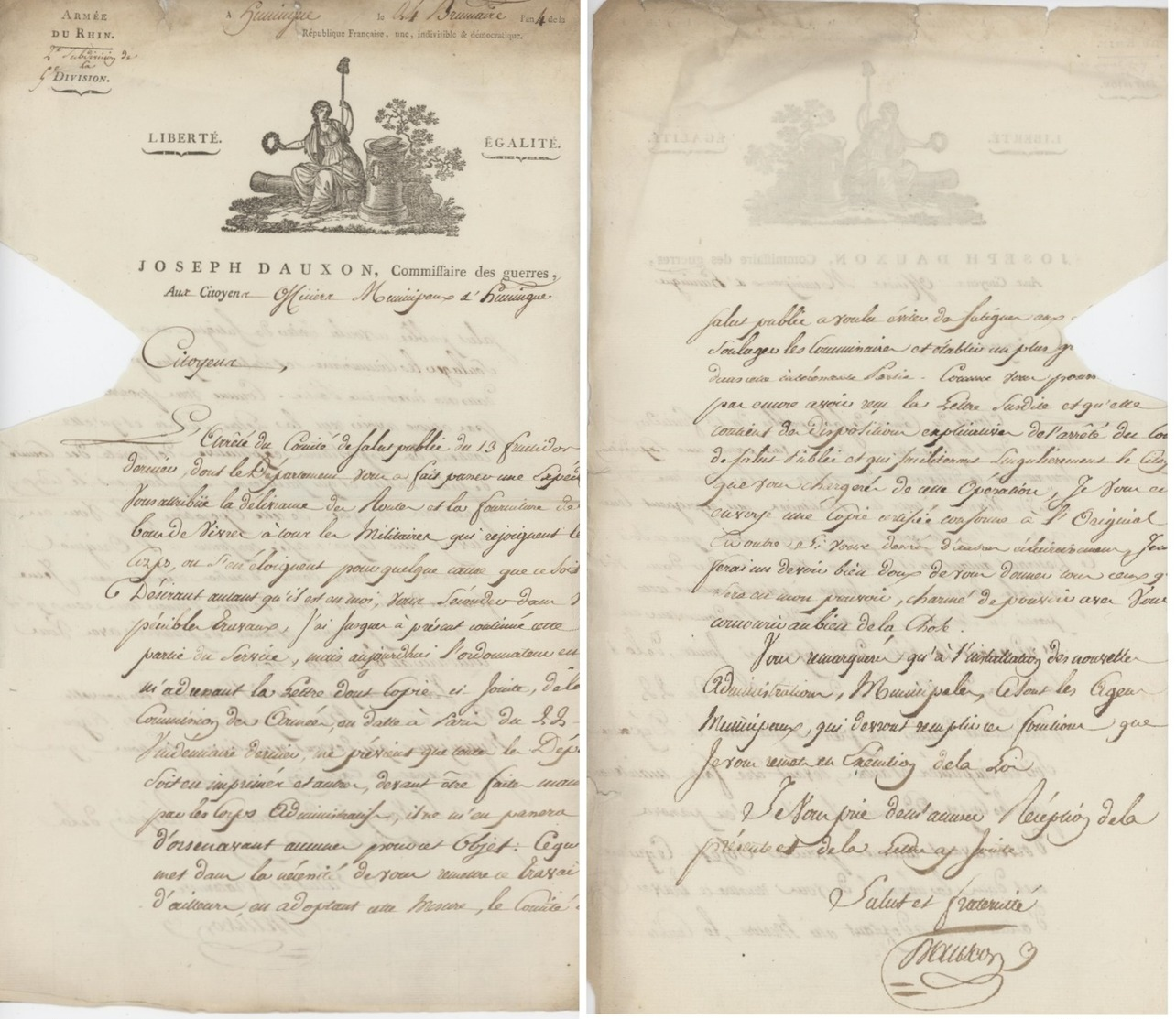 Armée Du Rhin Huningue An 4-15.11.1795 Joseph Dauxon Commissaire Des Guerres Héraldique - Documents Historiques