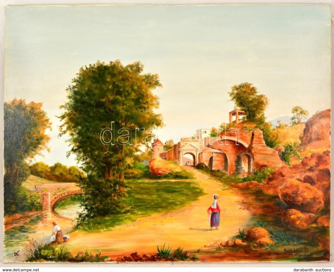 Bujdosó Dénes (1932-): Mosósónők. Olaj, Vászon, Jelzett, 60×80 Cm - Andere & Zonder Classificatie