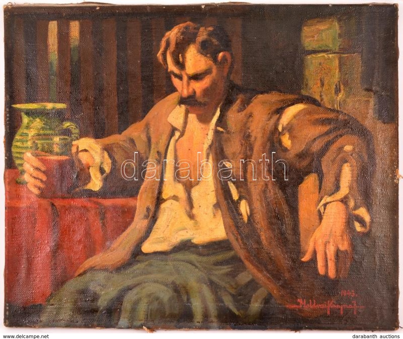 Moldvai Krajna János (1875-1945): Italozó. Olaj, Vászon. Jelzett. Kis Sérüléssel Kép Szélén. 50x60 Cm - Autres & Non Classés