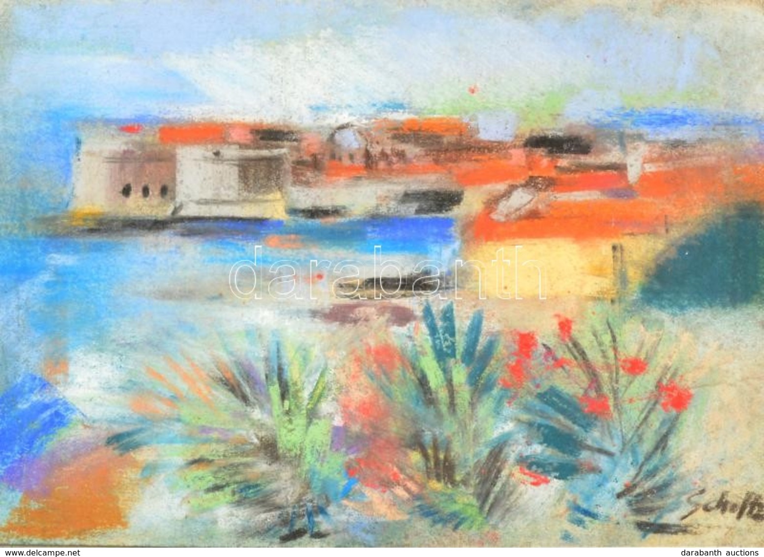 Scholtz Endre (1959-) : Dubrovnik. Pasztell, Papír, Jelzett, üvegezett Keretben, 12×16,5 Cm - Autres & Non Classés