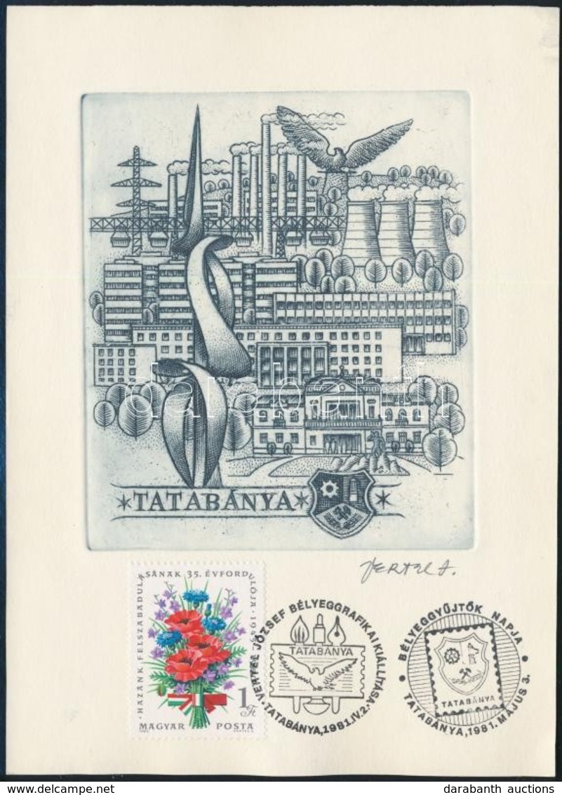 Vertel József (1922-1993): Tatabánya. Rézkarc, Papír, Jelzett, 10x11 Cm. Alkalmi Bélyegzéssel - Autres & Non Classés