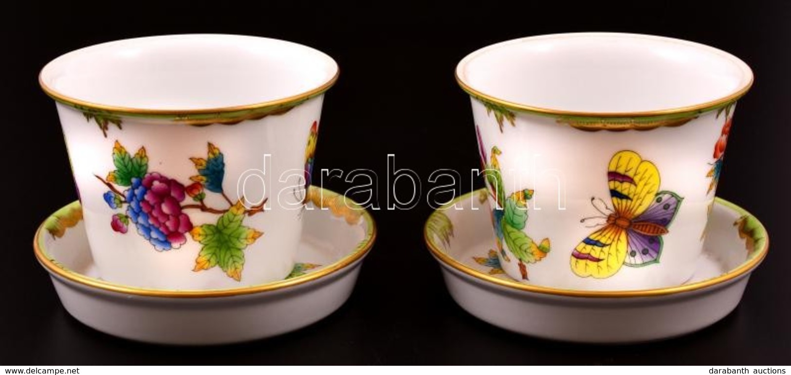 Herendi Viktória Mintás Porcelán Virágcserép, 2 Db, Alátéttel, 2 Db, Kézzel Festett, Jelzett, Hibátlan, M: 7 Cm, D: 10 é - Andere & Zonder Classificatie