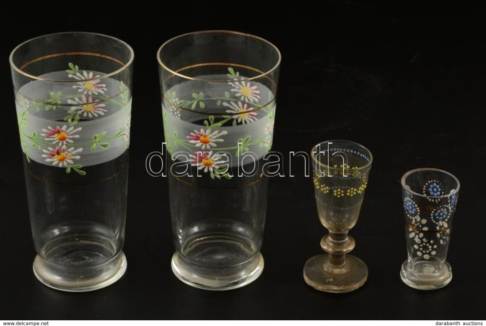 Régi Kézzel Festett Vizes Pohár ( 2 Db), Kupicás (2 Db), Egyiken Nagyon Apró Csorba, 6-13,5 Cm, összesen:4 Db - Verre & Cristal