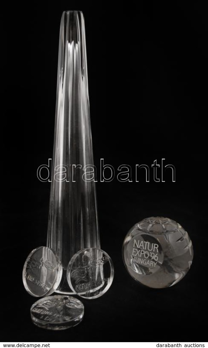 Vegyes üveg Tétel: 'NaturExpo '96' Feliratú Gömb Alakú Levélnehezék (m: 7,5 Cm), Kúp Alakú üvegdísz (m: 27,5 Cm), 'NatuE - Verre & Cristal