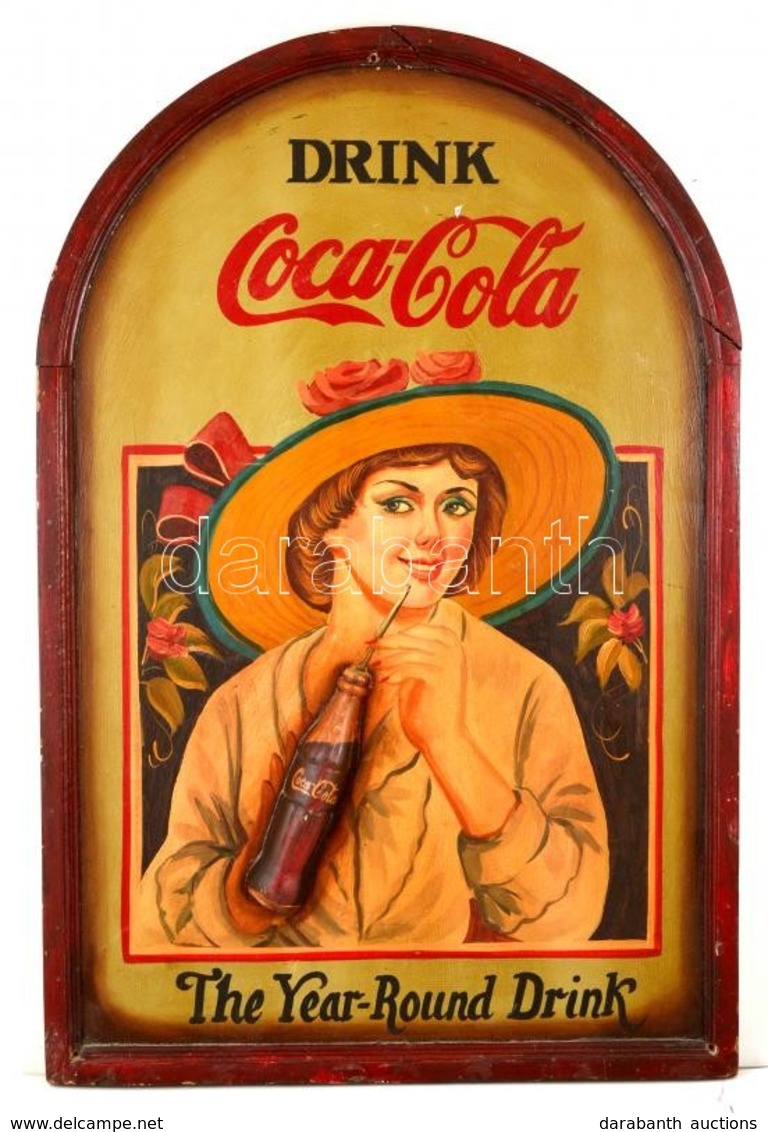 Coca-Cola Kézzel Festett Reklám Tábla, Apró Festék Hibákkal, Kereten Repedéssel, Fa Lemez, 91×30 Cm - Autres & Non Classés