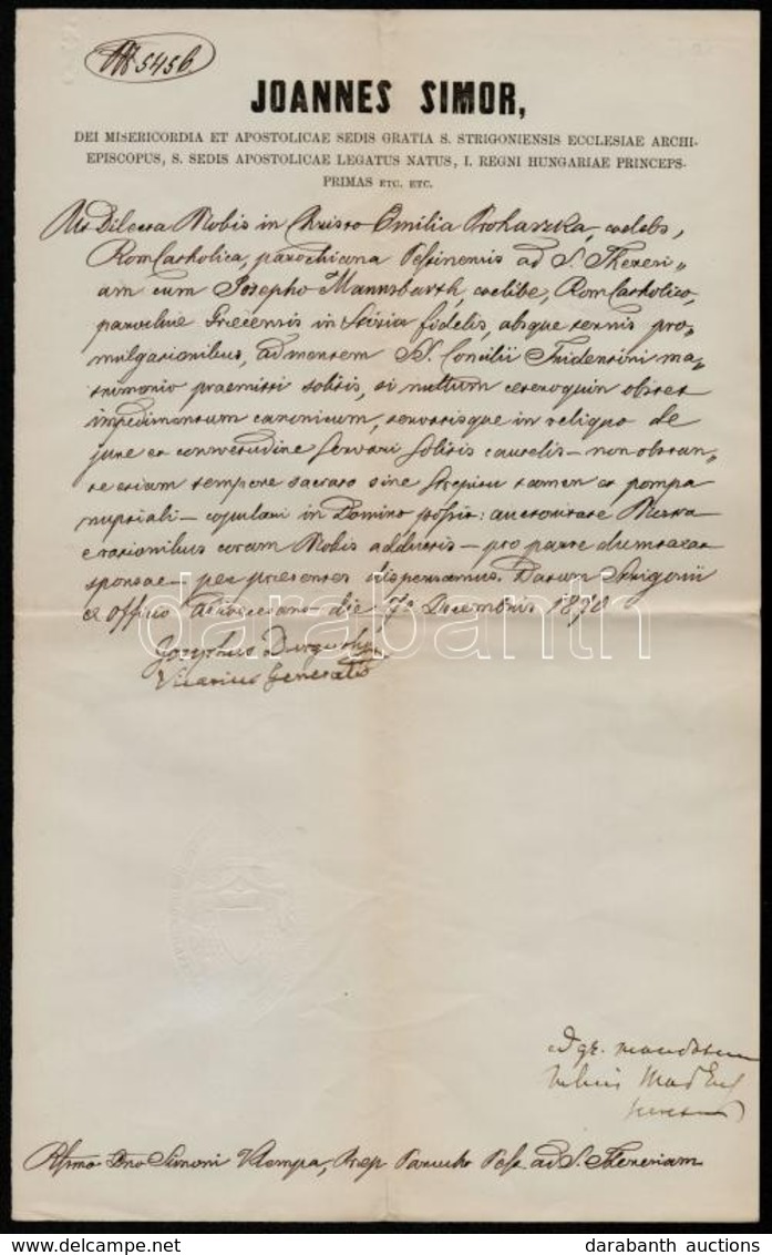 1870 Simor János Esztergomi érsek Levele Házasság Engedélyezése ügyében, Aláírásokkal - Unclassified