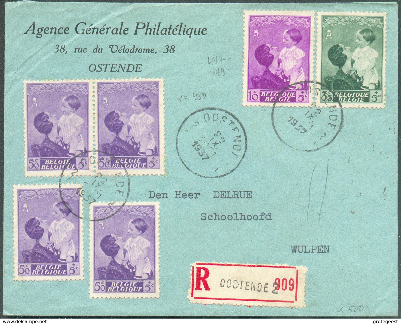 N°447-449-450 (x4) Obl. Sc OOSTENDE 2 Sur Lettre Recommandée 22-IX-1937 Vers Wukpen - 13 - Covers & Documents