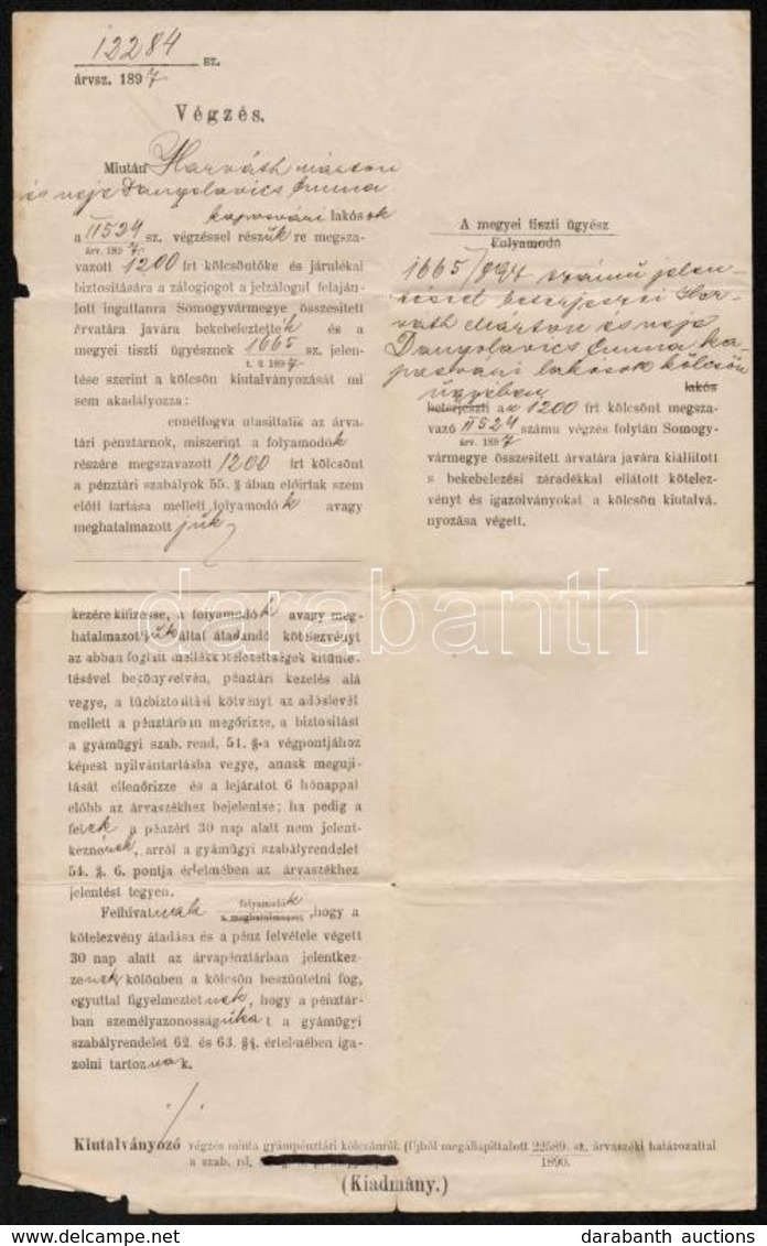 1897 Somogy Megyei árvaszéki Végzés, Pecséttel, 34x21 Cm - Unclassified