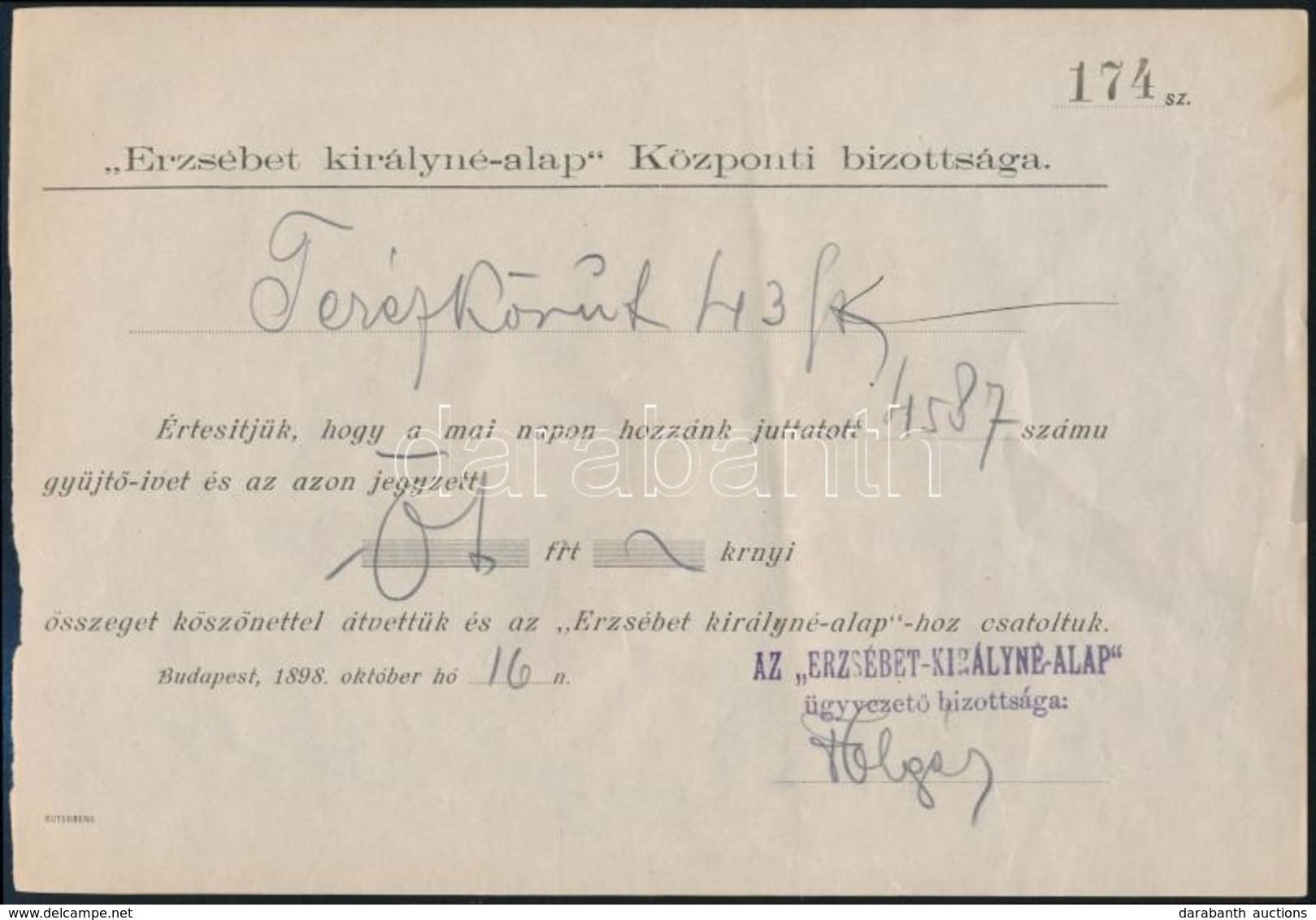 1898 Erzsébet Királyné-alap Központi Bizottsága értesítése Befizetésről, 14,5x21 Cm - Non Classés