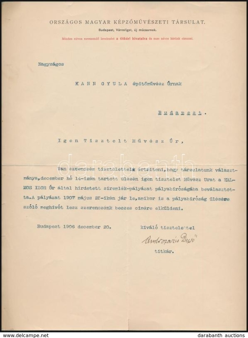 1906 Bp., Ambrozovics Dezső (1864-1919) újságíró, író, Műfordító Aláírása Kann Gyula építésznek Címzett Levélen - Zonder Classificatie