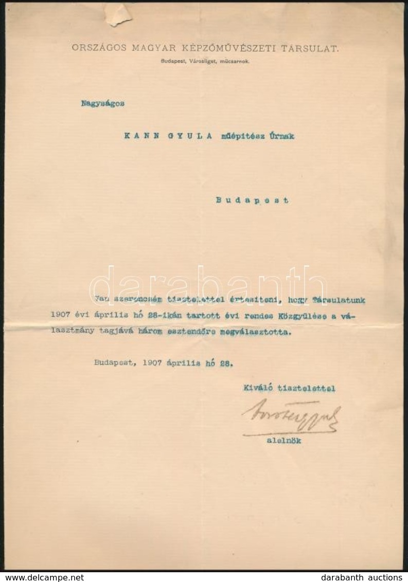 1907 Bp., Báró Forster Gyula (1846-1932) Történész, író Aláírása Kann Gyula Műépítésznek Címzett Levélen - Zonder Classificatie