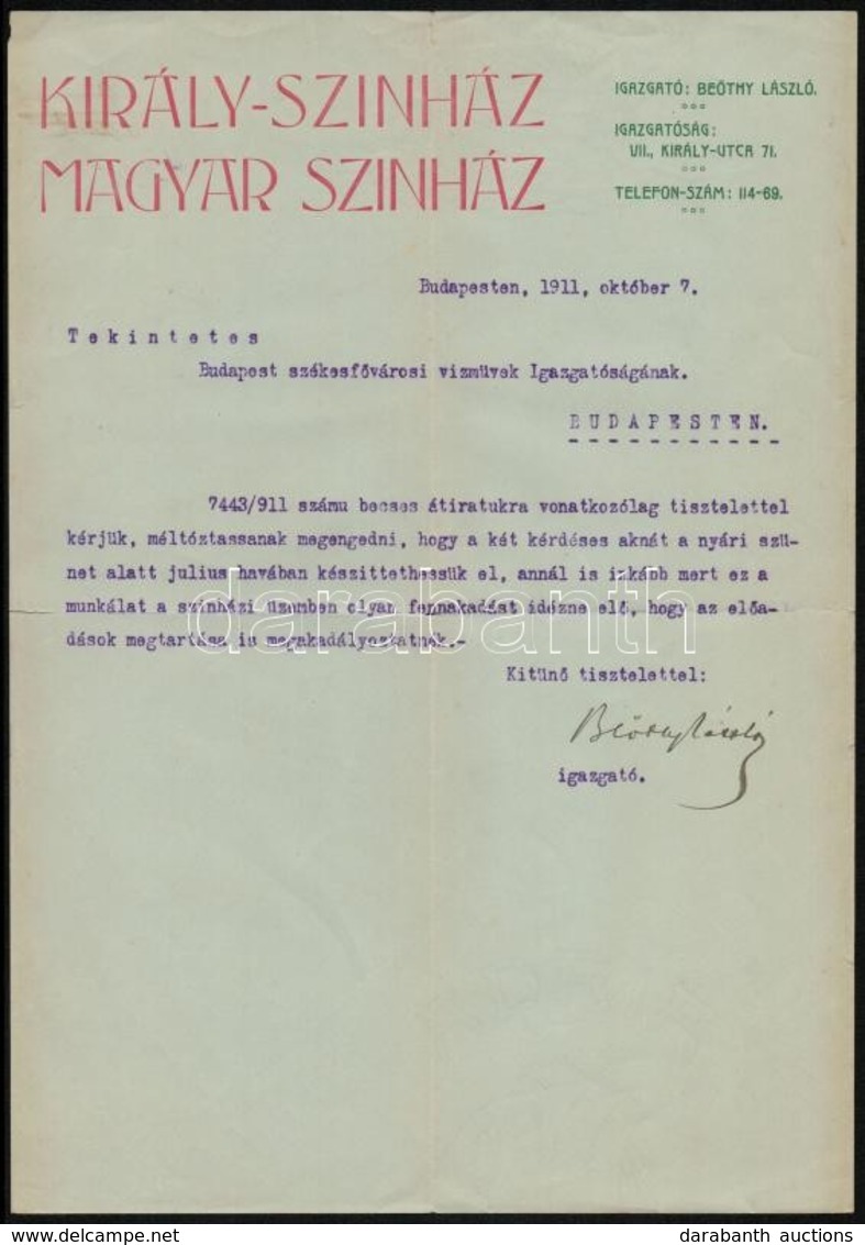 1911 Beöthy László Színigazgató Gépelt, Aláírt Levele A Fővárosi Vízművek Igazgatósága Részére Hivatalos ügyben, Díszes  - Non Classés