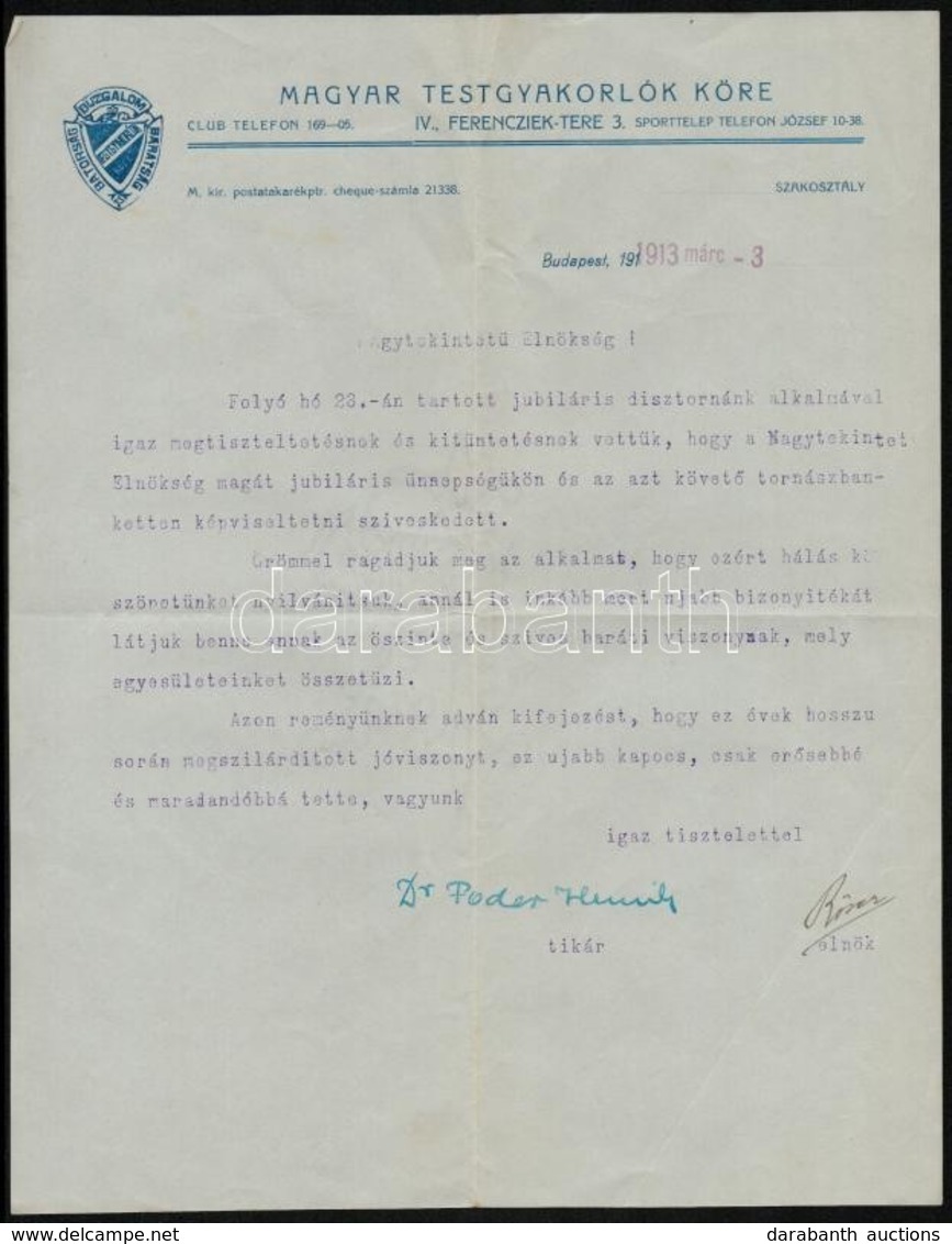 1913 A Magyar Testgyakorlók Köre Gépelt, Aláírt Levele Hivatalos ügyben, Díszes Fejléces Papíron - Non Classés