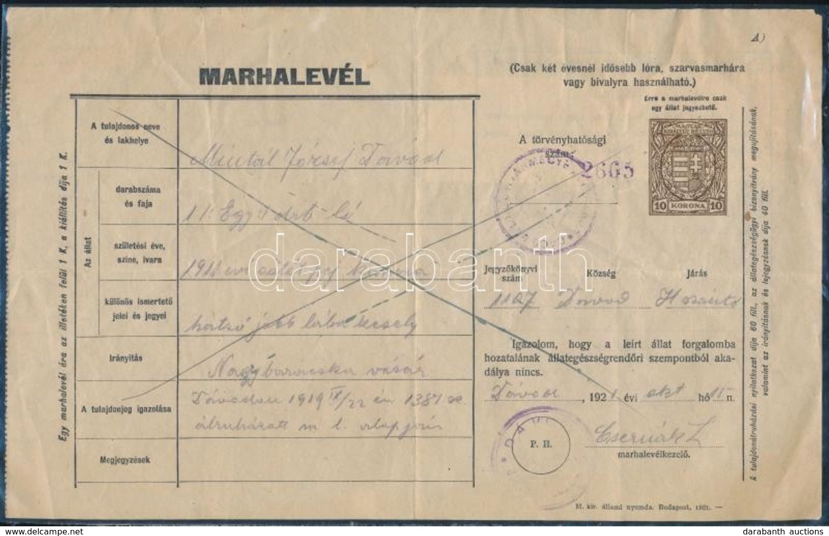 1922 Marhalevél 210K Okmánybélyeggel - Unclassified