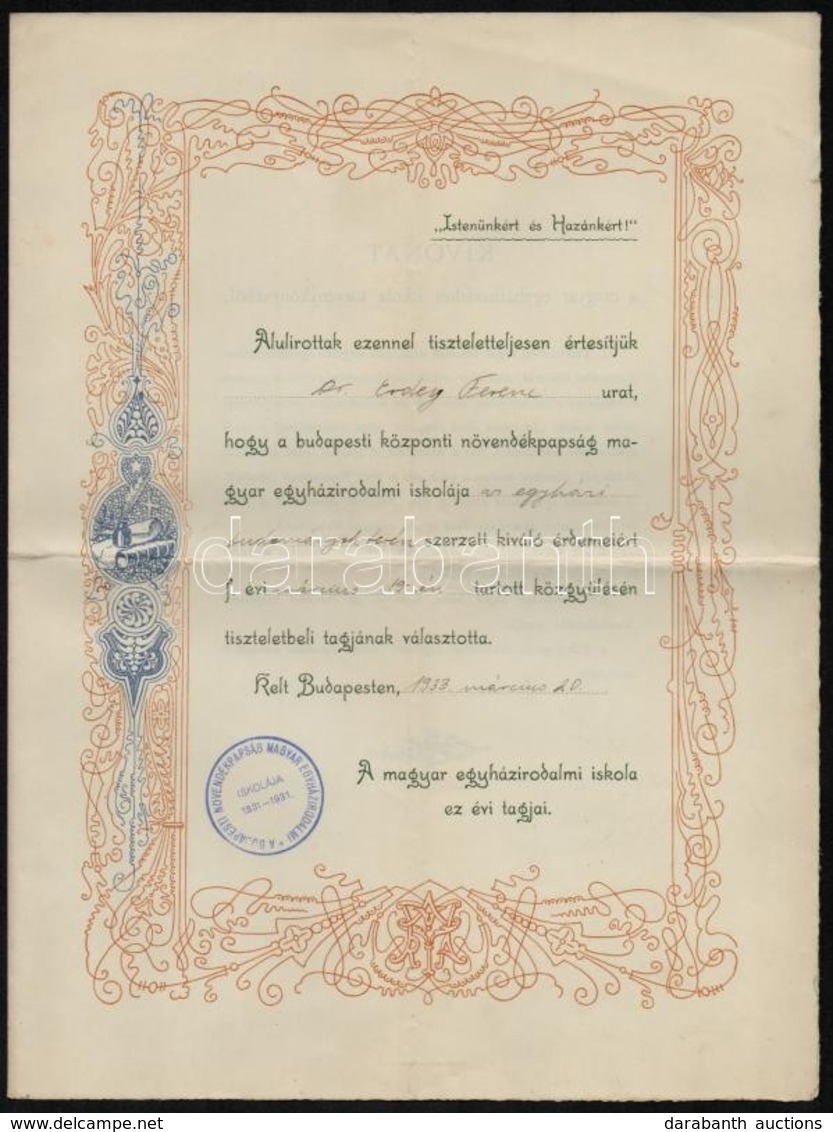 1933 Bp., Dr. Erdey Ferenc (1895-1966) Egyházi író, Főiskolai Tanár Dekoratív Egyházi Tiszteletbeli Tagsági Oklevele - Unclassified