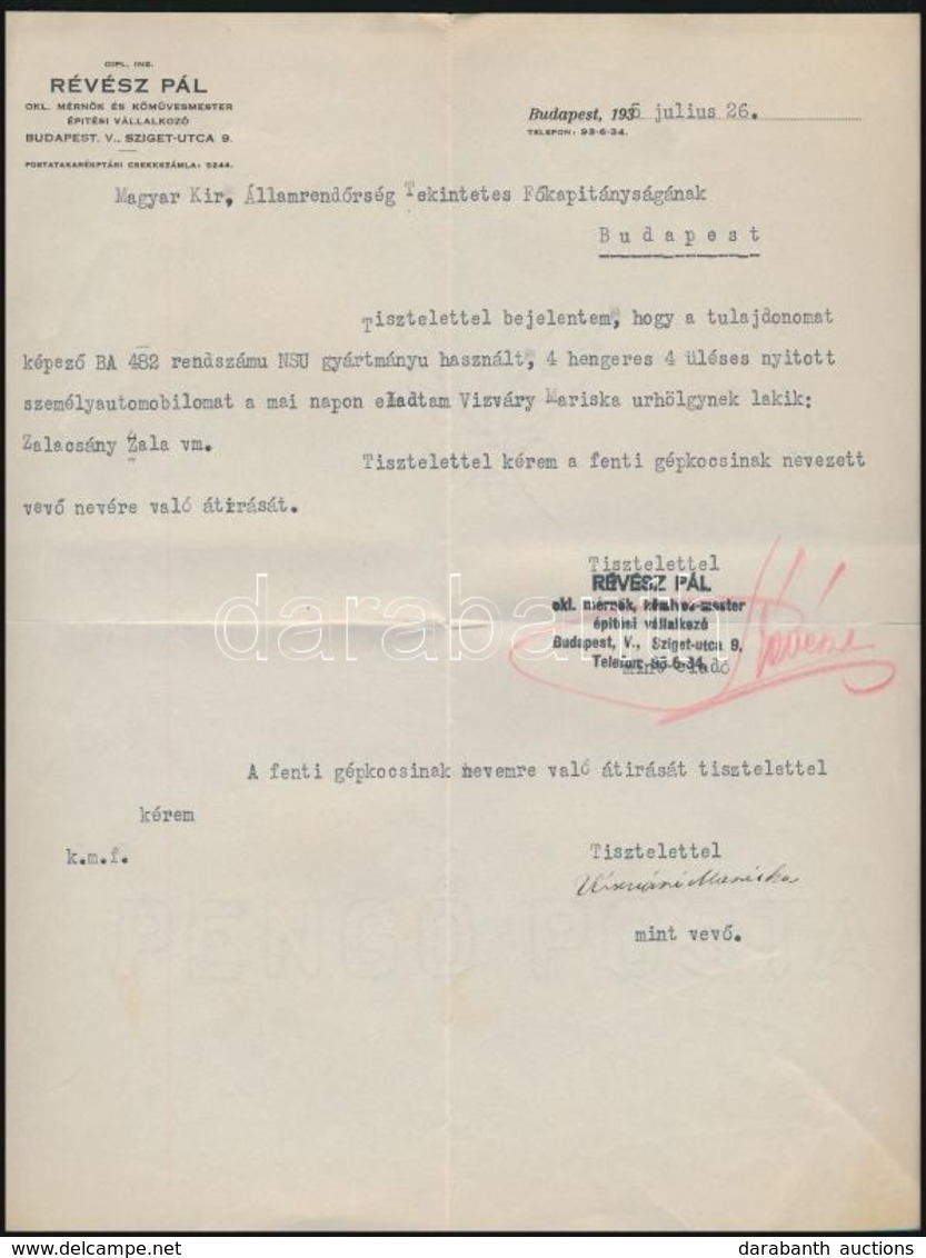 1935 Bp., Vízvári Mariska Aláírása Autóvásárlásról Szóló Okmányon - Unclassified