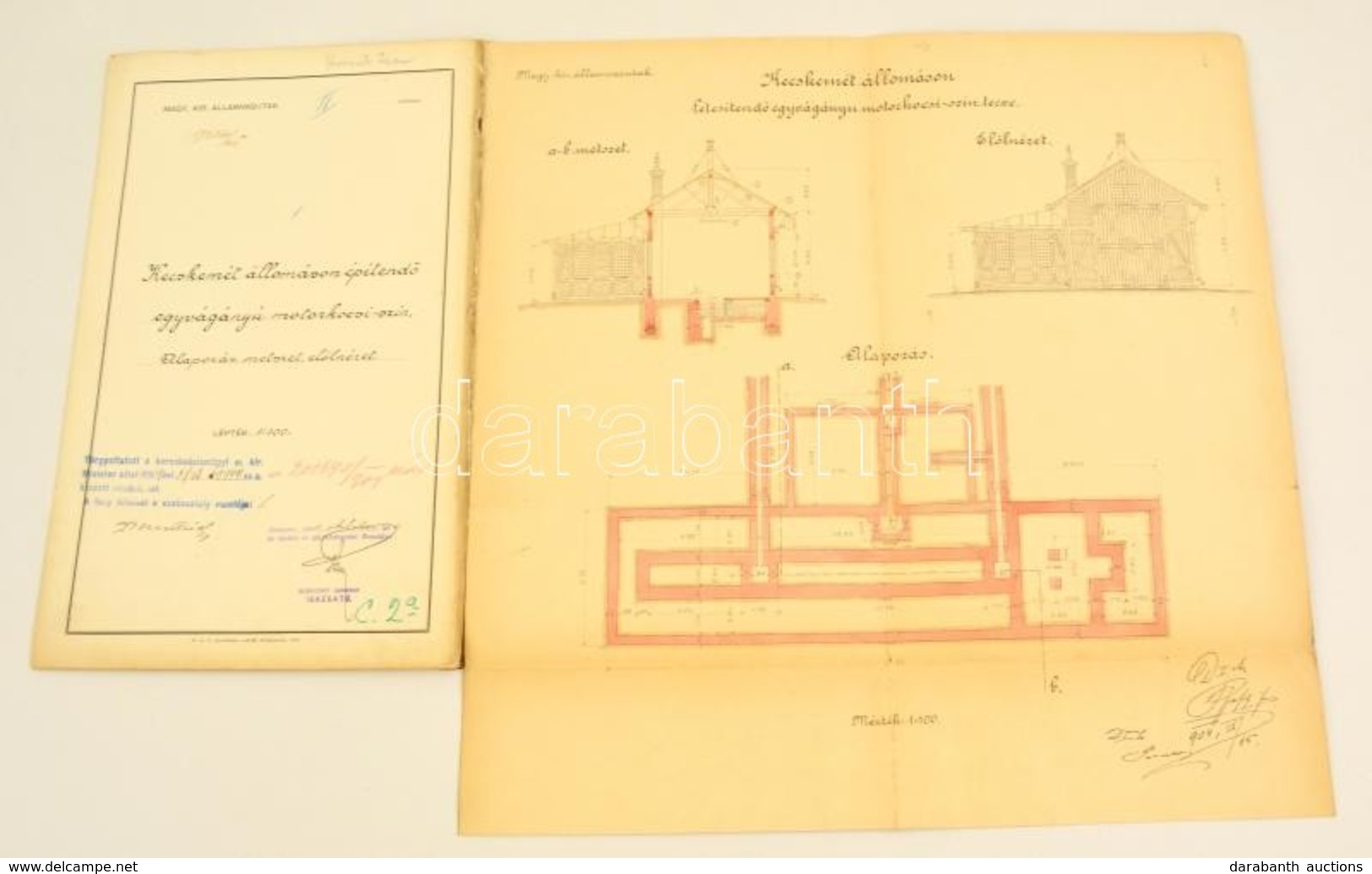 1904 Kecskemét állomáson építendő Egyvágányú Motoroskocsi-szín Tervrajza. / Railway Station  42x42 Cm + Borító. - Unclassified