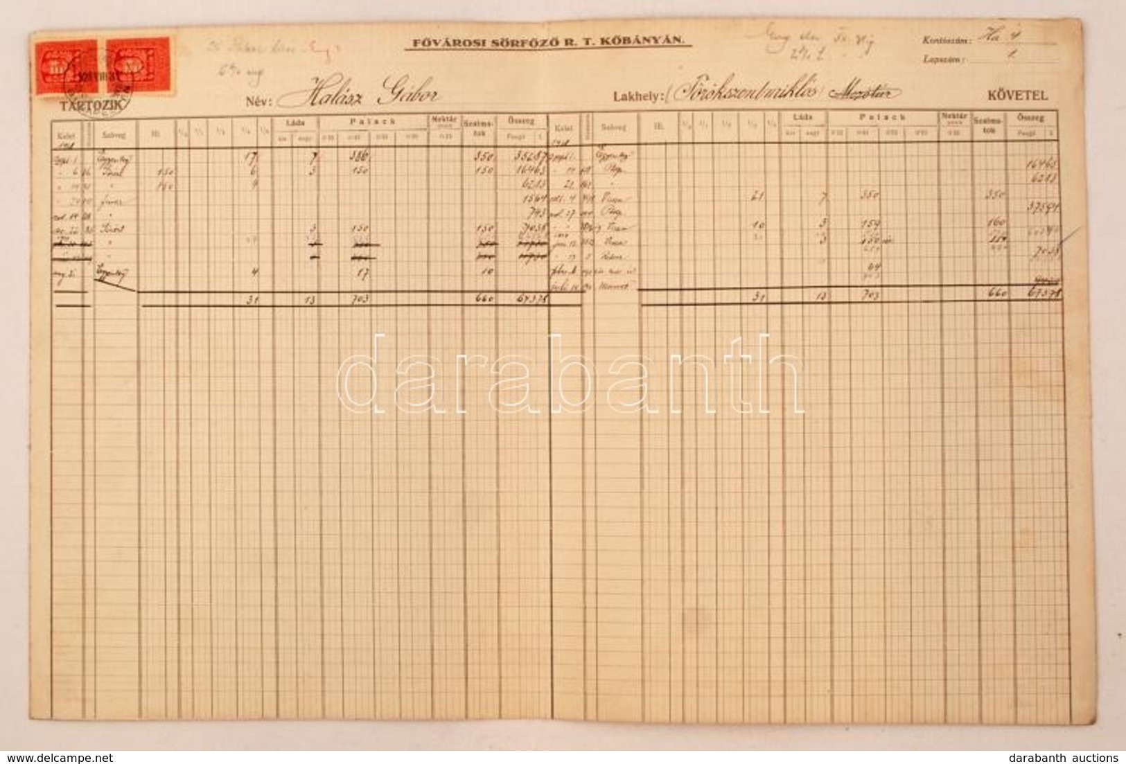 1928 Fővárosi Sörfőzp RT. Kőbánya Sörfőzési Egyenleg Nyilvántartó Törökszentmiklósi Lakos Részére - Unclassified