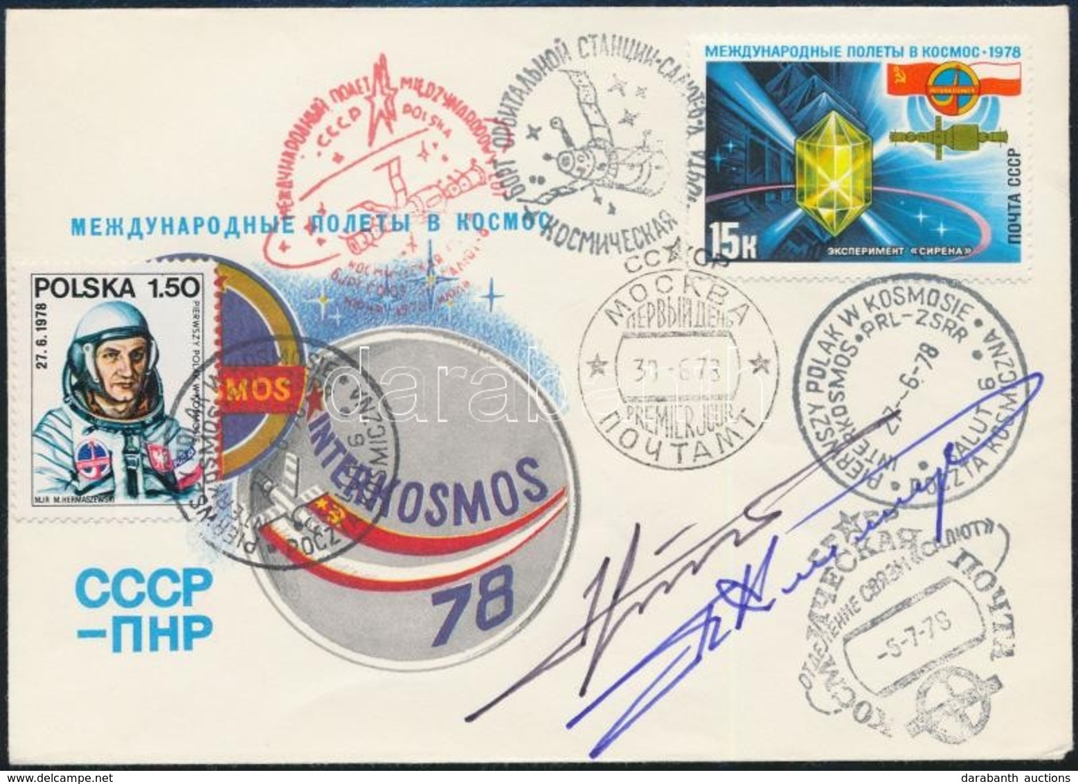 Mirosław Hermaszewski (1941- ) Lengyel és Pjotr Iljics Klimuk (1942- ) Szovjet űrhajósok Aláírásai Emlékborítékon /
Sign - Andere & Zonder Classificatie