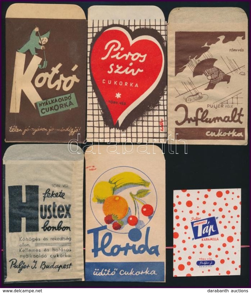 Cca 1940 6 Féle Gyógyszertári Gyógycukorka Reklámos Papírtasak és Címke (1 Db) / Pharmacy Pills Bags And Labels - Publicités