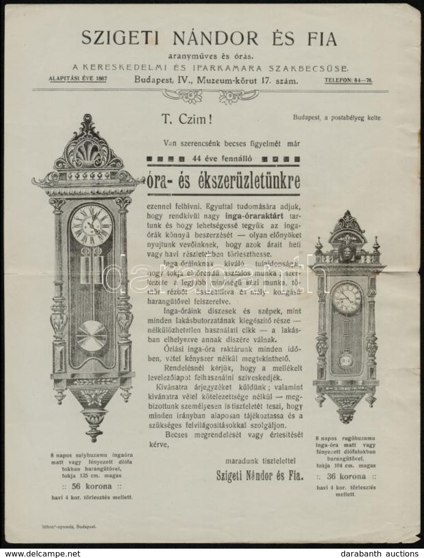 Cca 1910-1920 Szigeti Nándor és Fia Aranyműves órás, A Kereskedelmi és Iparkamara Szakbecsüsének Reklámlapja - Publicités