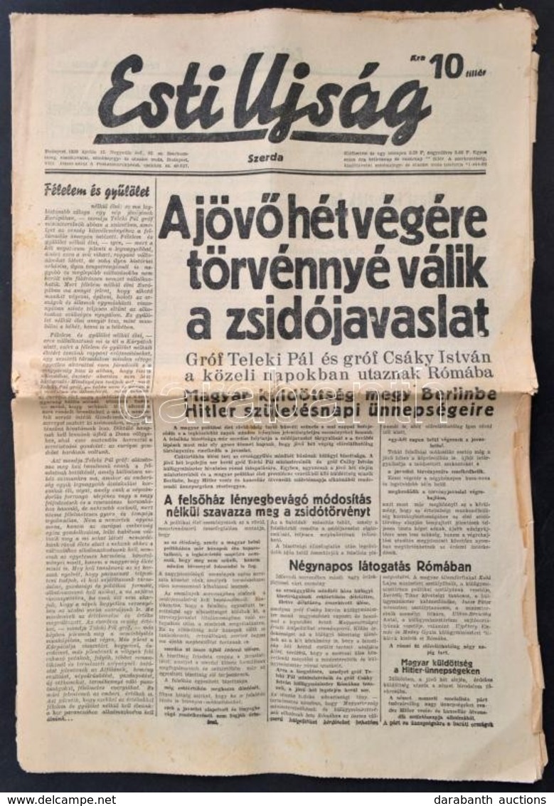 1939 Az Esti Ujság április 12-i Száma A Zsidótörvény Bevezetéséről. - Other & Unclassified