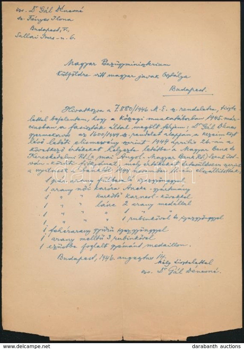 1946 Bp., Kőszegi Munkatáborban Elhunyt Személy által Hátrahagyott Hagyatékról Szóló Leltárlevél - Andere & Zonder Classificatie