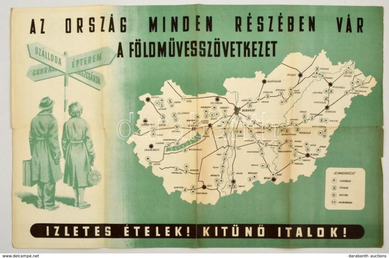 1956 'Az Ország Minden Részében Vár A Földművesszövetkezet' - Propaganda Plakát, Hátoldalon Magyarország Autóbuszhálózat - Autres & Non Classés