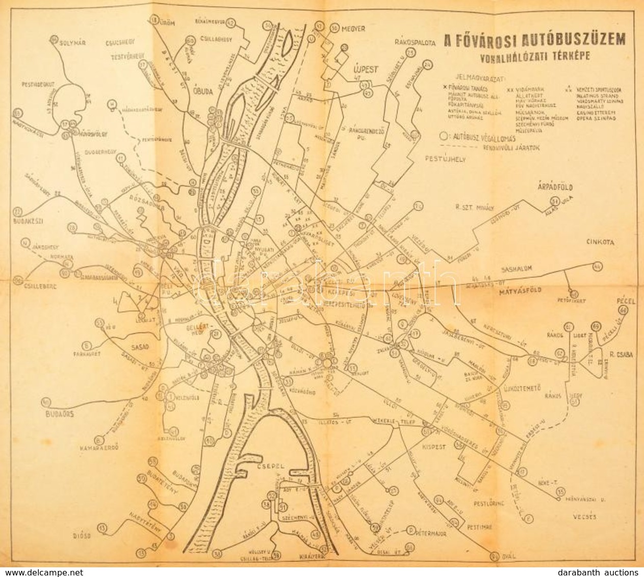 Cca 1950-1960 A Fővárosi Autóbuszüzem Vonalhálózati Térképe, 35×39 Cm - Andere & Zonder Classificatie