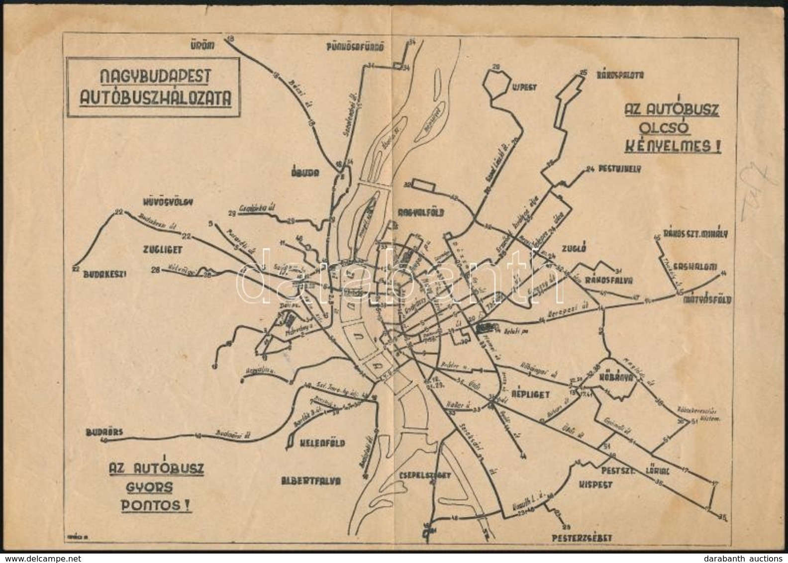 1949 Nagybudapest Autóbuszhálózata, Térkép, Menetrenddel, Szakadással, 21×29 Cm - Other & Unclassified