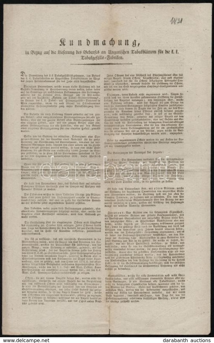 1831 Hirdetmény Dohányáruról, Német Nyelven, K. K. Tabak- Und Stämpelgefällen-Direction, 4 P. - Ohne Zuordnung