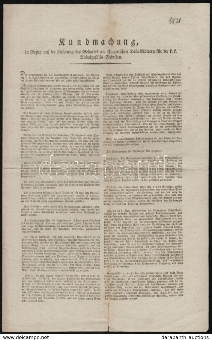 1831 Hirdetmény Dohányáruról, Német Nyelven, K. K. Tabak- Und Stämpelgefällen-Direction, 4 P. - Non Classés