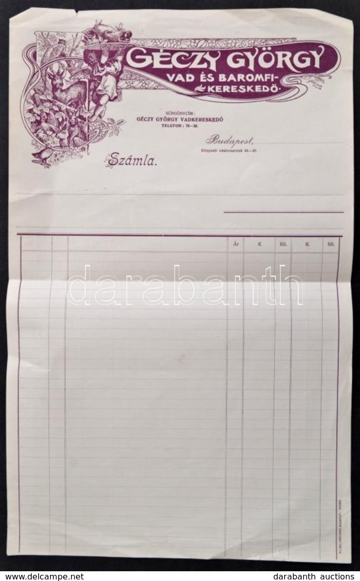 Cca 1910-1920 Géczy György Vad- és Baromfikereskedő Kitöltetlen Számlája - Zonder Classificatie