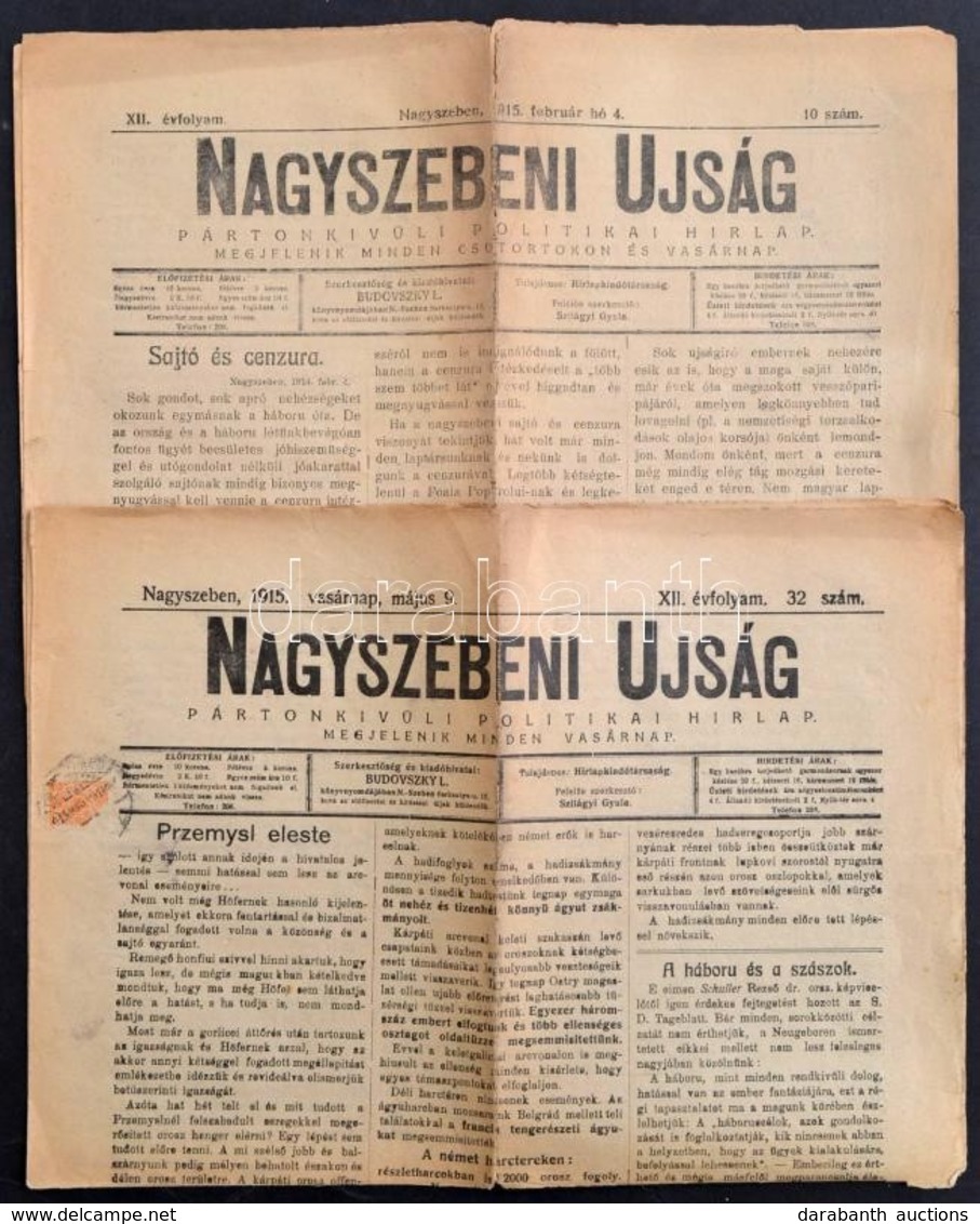 1915 Nagyszebeni Ujság. 1915. Február. 4., Május 9. XII. évf. 10., 32. Számok, Szakadtak, Sérültek, 2x4 P. Az Egyik Címl - Non Classés