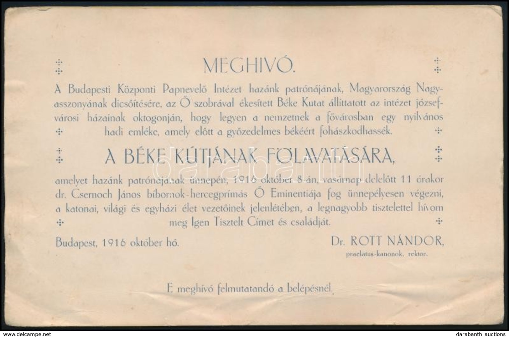 1916 Budapest A Központi Papnevelő Intézet Józsefvárosi Telephelyén Felavatott, Majd Az V, Kerületbe áthelyezett Béke /  - Non Classés