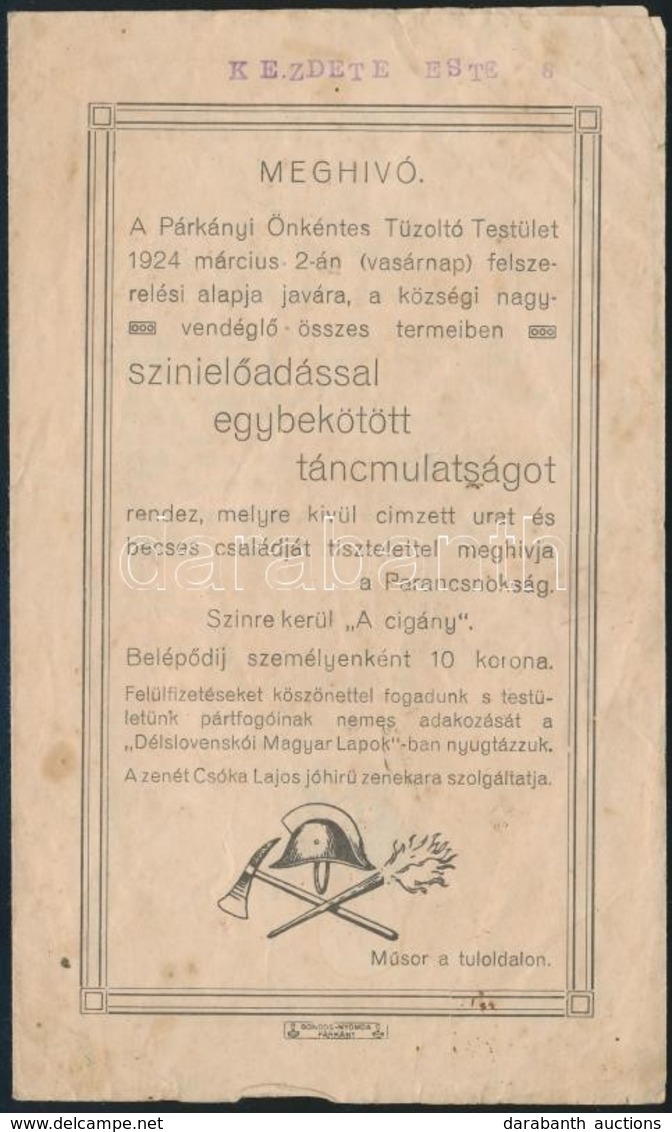 1924 Meghívó A Párkányi Önkéntes Tűzoltó Testület Színielőadással Egybekötött Táncmulatságára - Non Classés