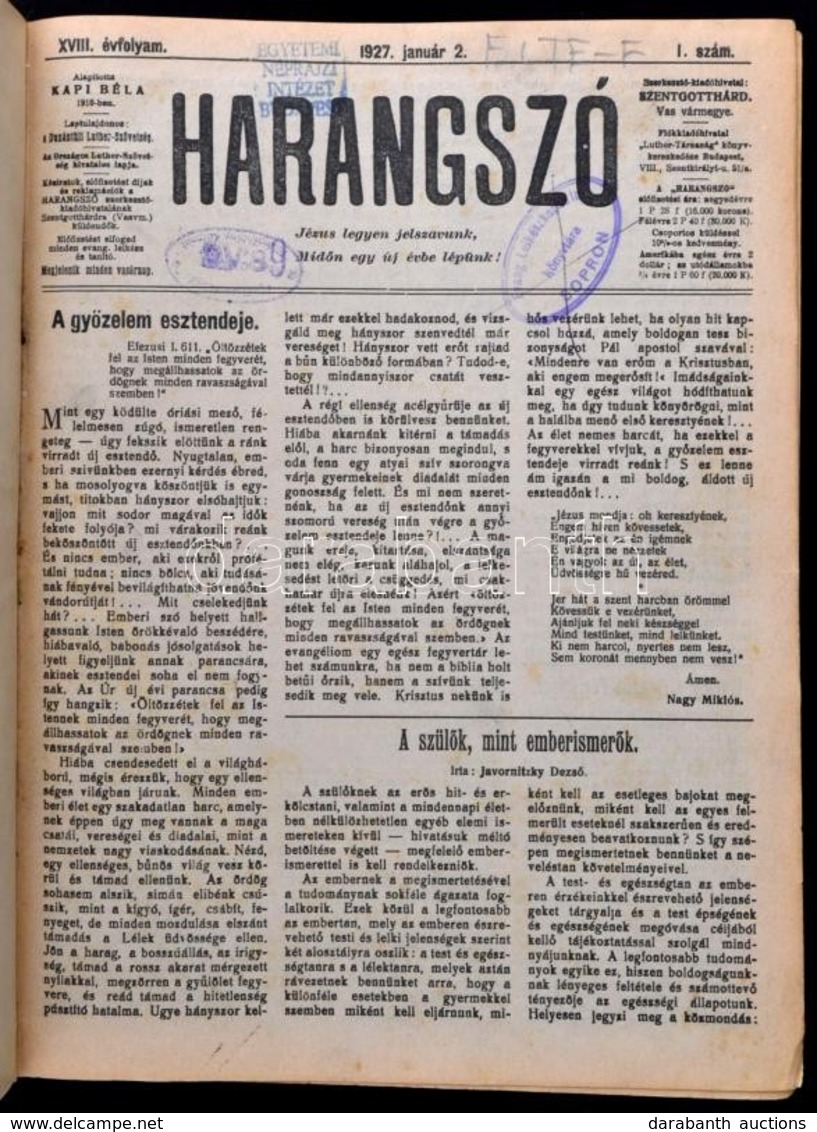 1927 Harangszó. XVIII. évf. 1-52. Sz. Félvászon-kötésben, Intézményi Bélyegzőkkel, Egy Lap Kijár és Elrongyolódott (159/ - Non Classés