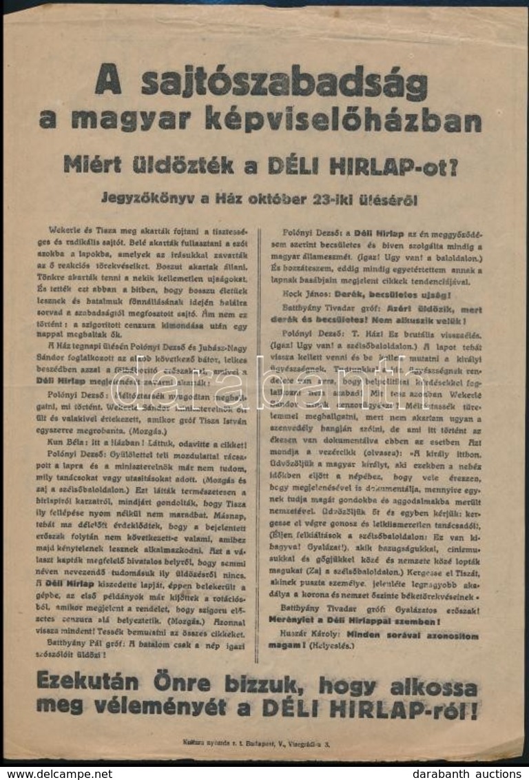 Cca 1930 Sajtószabadság A Magyar Képviselőházban. A Déli Hírlap Röplapja. 20x30 Cm - Zonder Classificatie